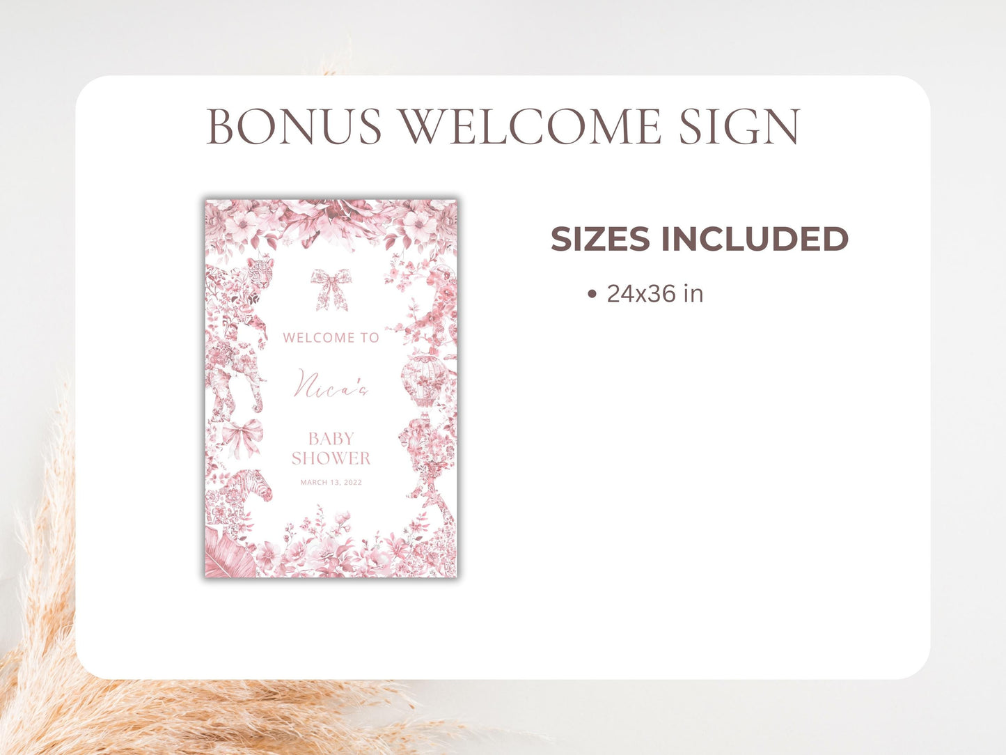 Elegant Pink Toile Safari Baby Shower Digital Invitation + RSVP Tracker