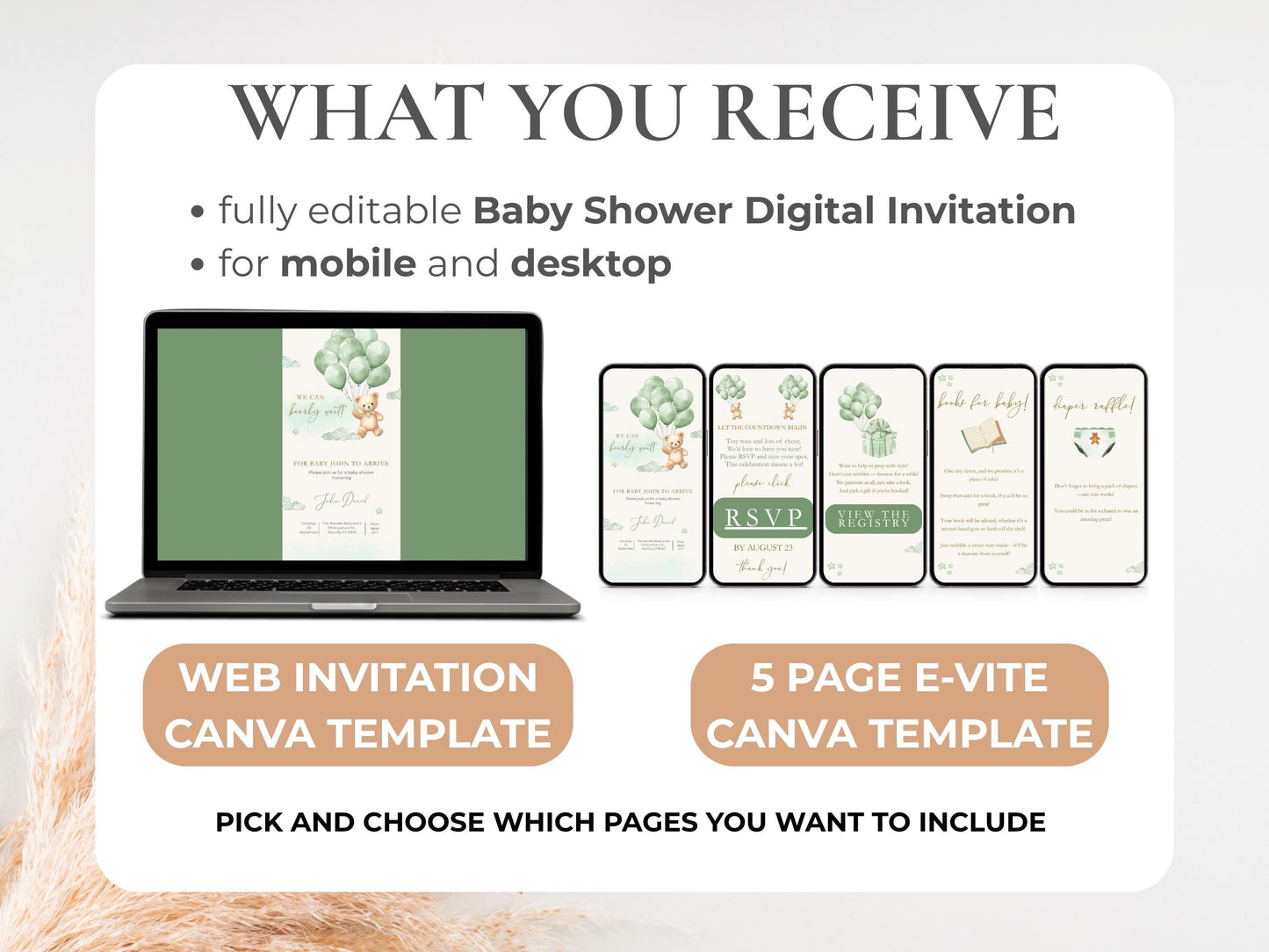 Green Teddy Bear Baby Shower Invitation + RSVP Tracker