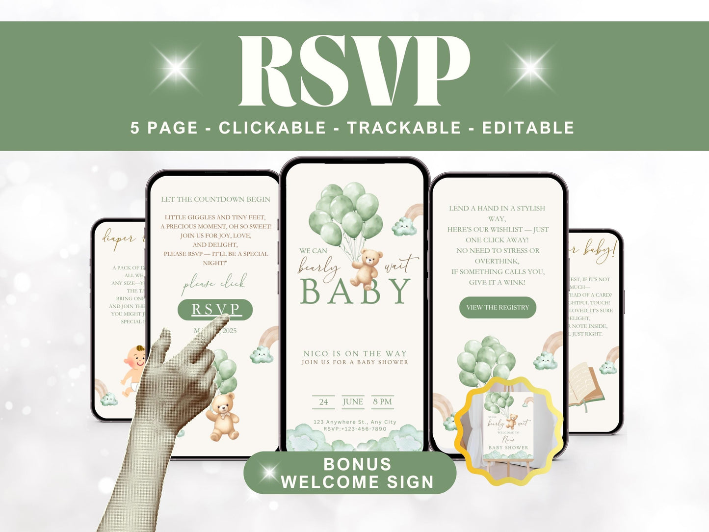 Green Boho Bear Baby Shower Invitation + RSVP Tracker
