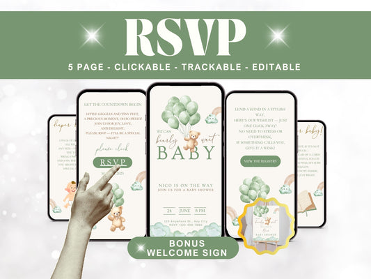 Green Boho Bear Baby Shower Invitation + RSVP Tracker