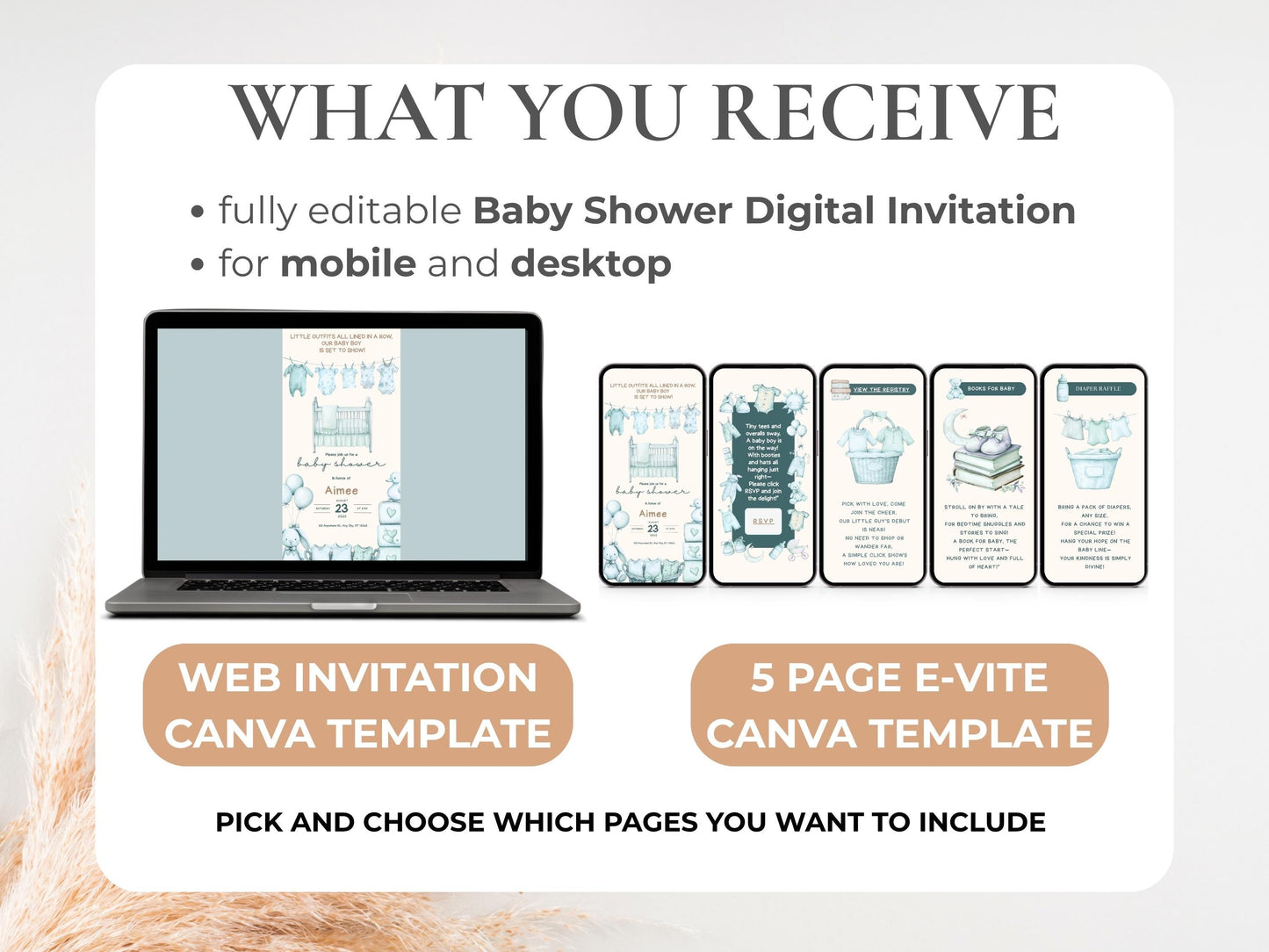Editable Blue Baby Clothesline Baby Shower Invitation + RSVP Tracker