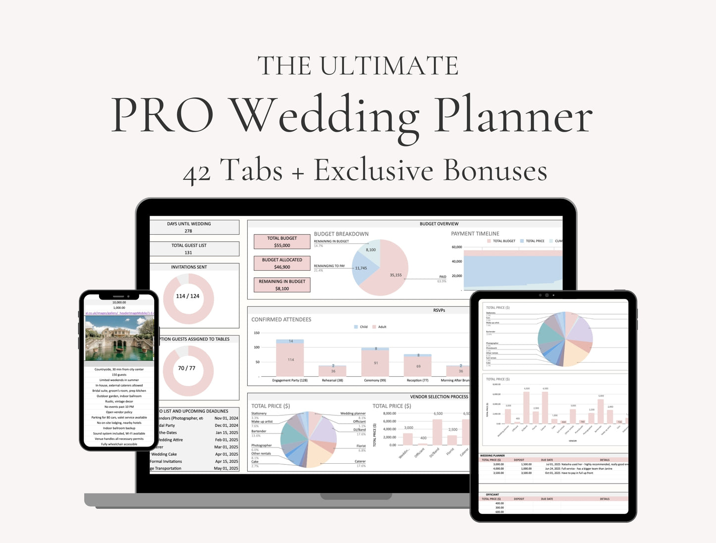 All-In-One 42 TABS PRO Wedding Planner Spreadsheet