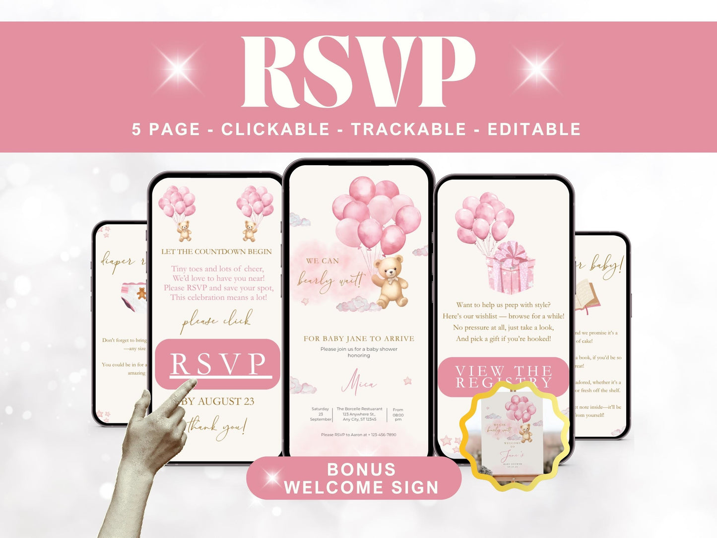 We Can Bearly Wait Pink Teddy Bear Baby Shower Invitation + RSVP Tracker