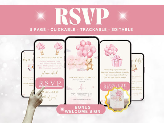 We Can Bearly Wait Pink Teddy Bear Baby Shower Invitation + RSVP Tracker