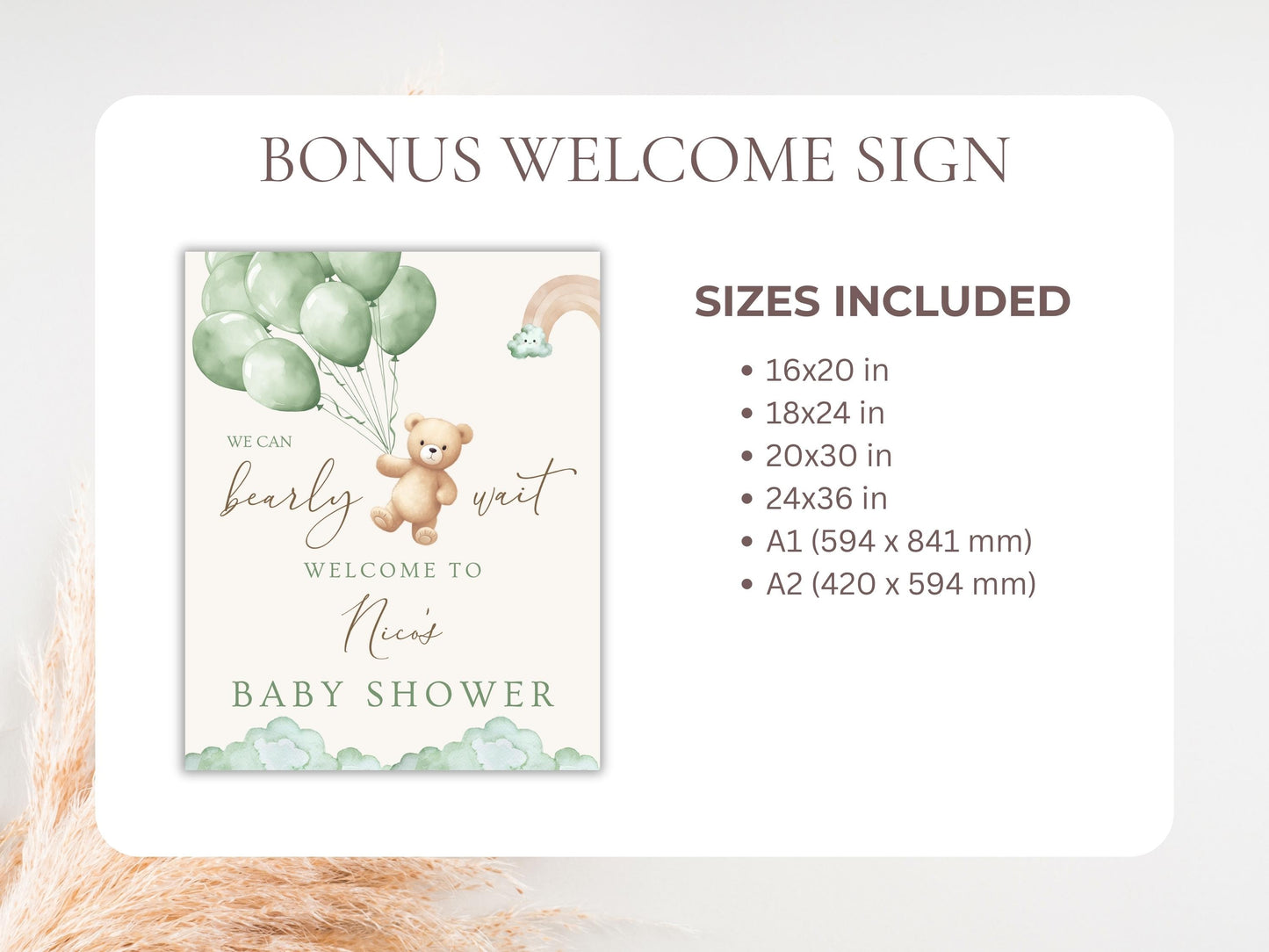Green Boho Bear Baby Shower Invitation + RSVP Tracker