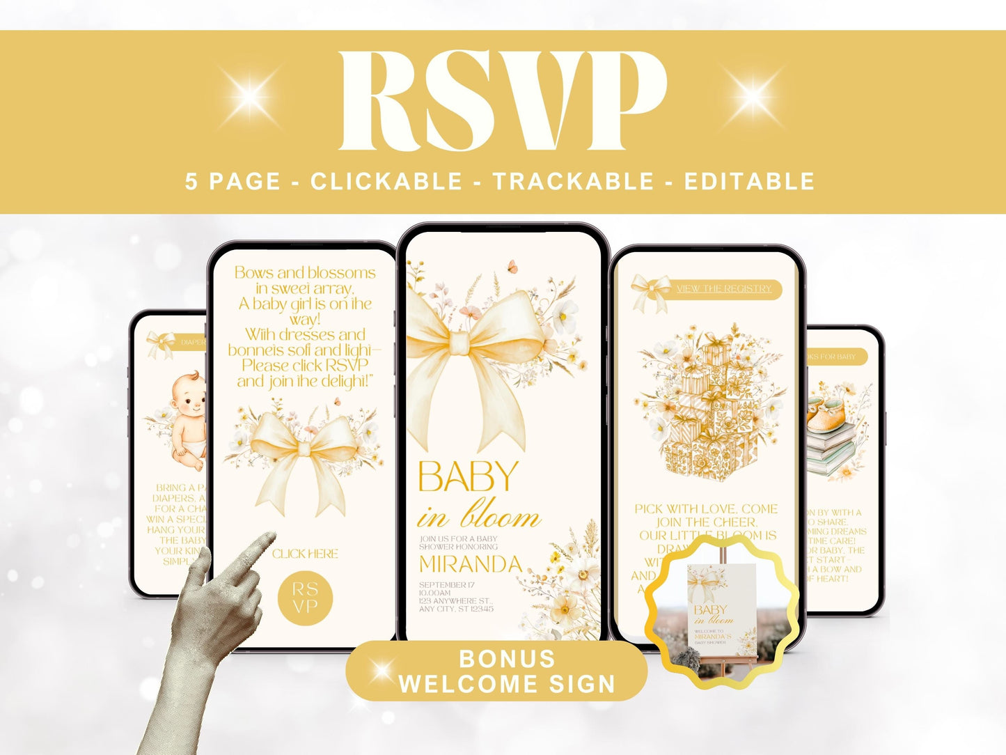 Gold Bow Gender Neutral Baby Shower Digital Invitation + RSVP Tracker