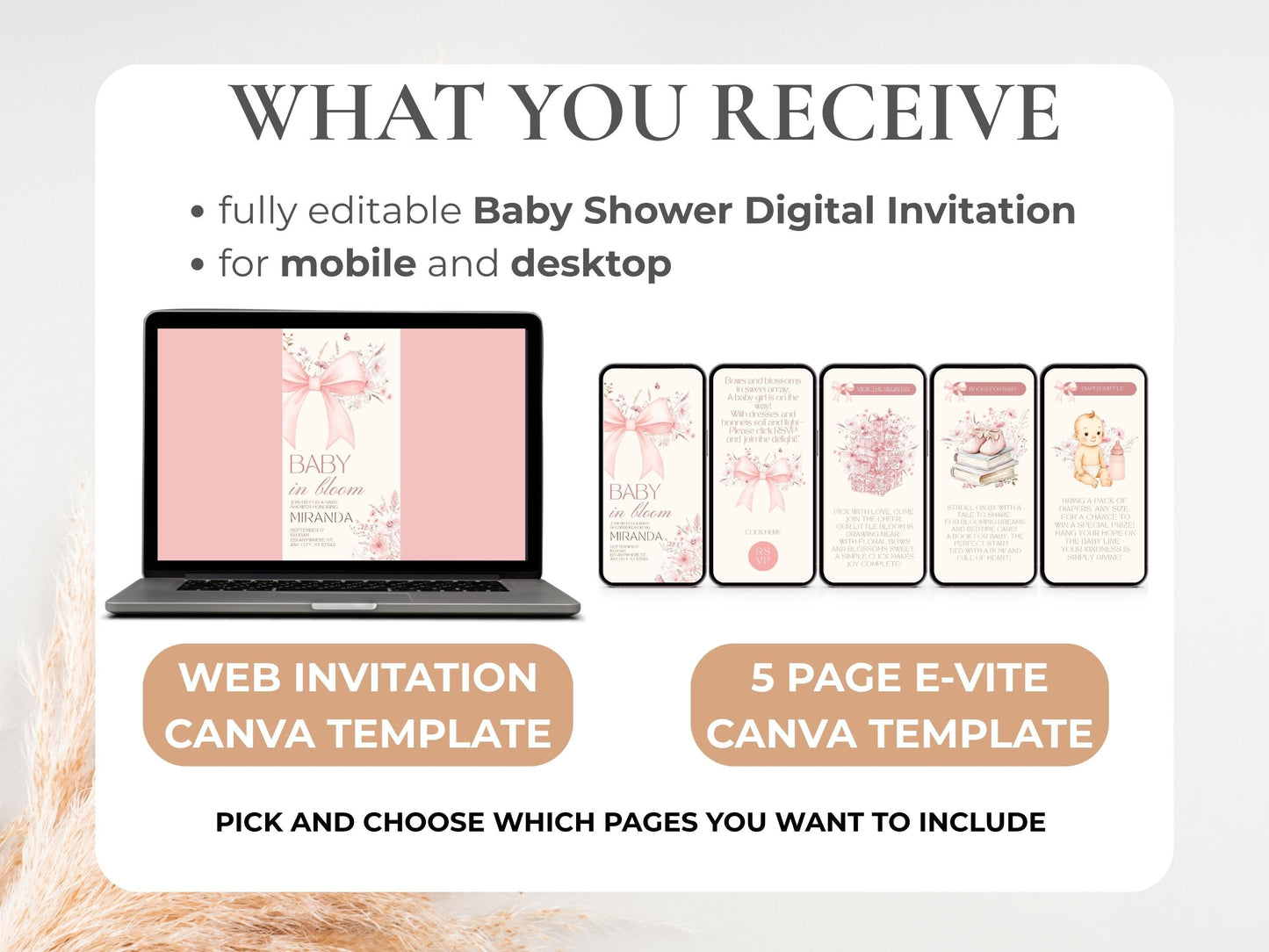 Pink Bow Baby Shower Digital Invitation + RSVP Tracker