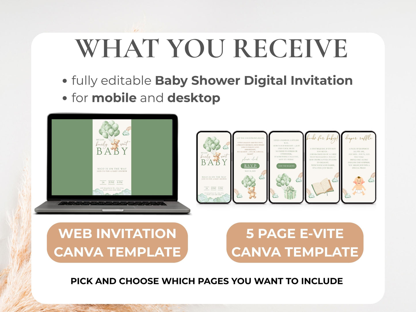 Green Boho Bear Baby Shower Invitation + RSVP Tracker