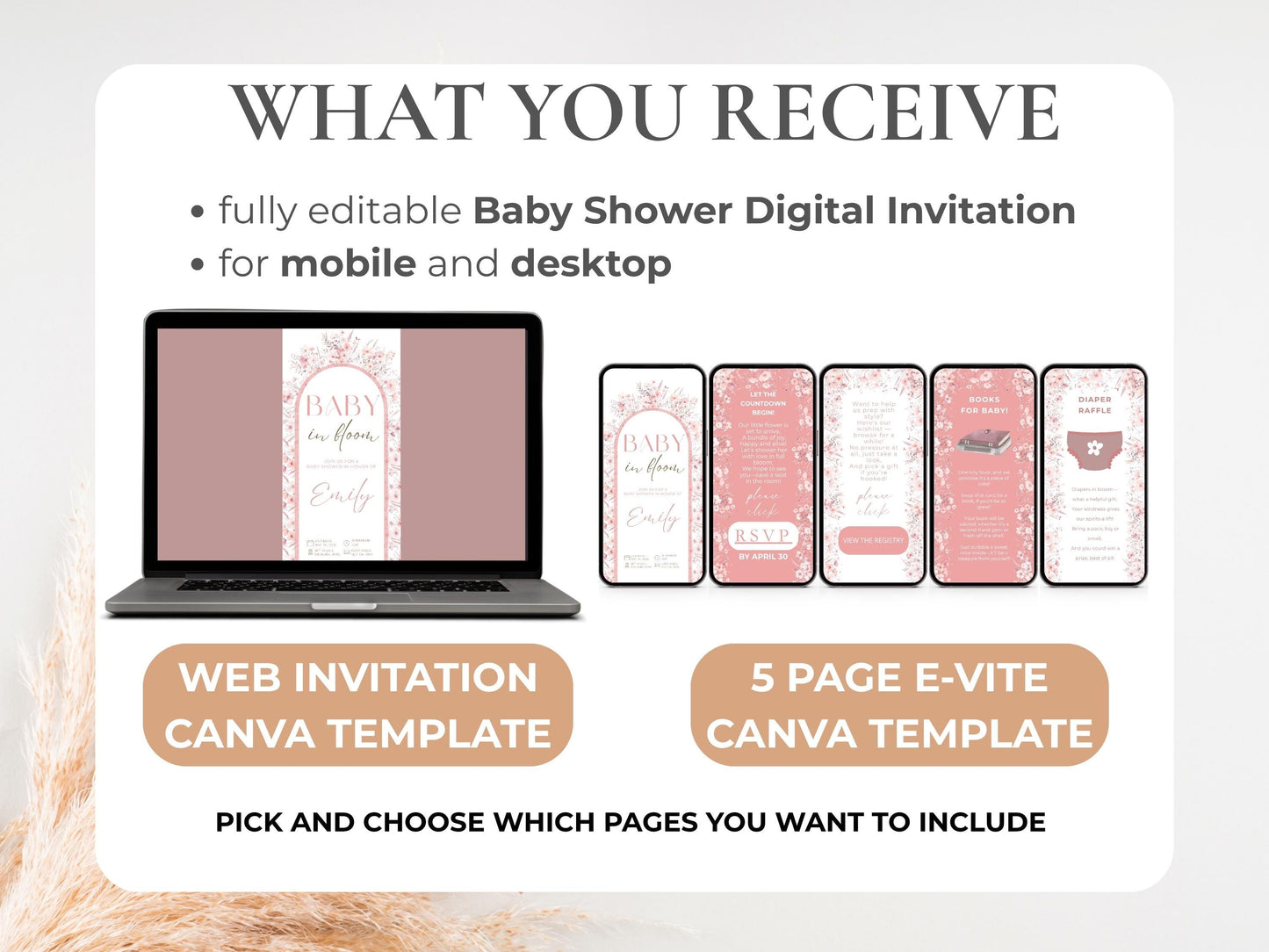 Editable Pink Wildflower Baby Shower Invitation + RSVP Tracker