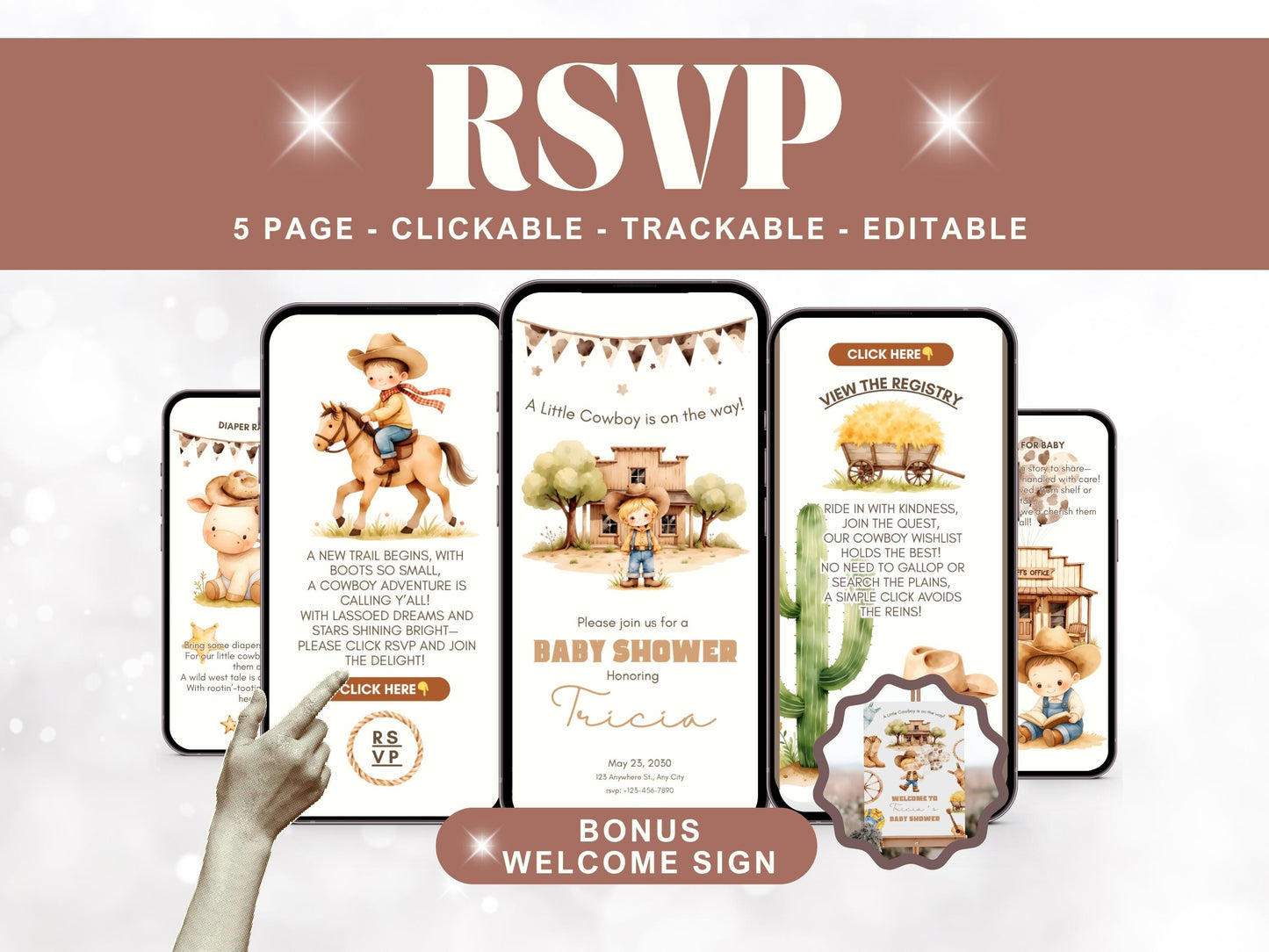 A Little Cowboy Is On The Way Baby Shower Digital Invitation + RSVP Tracker