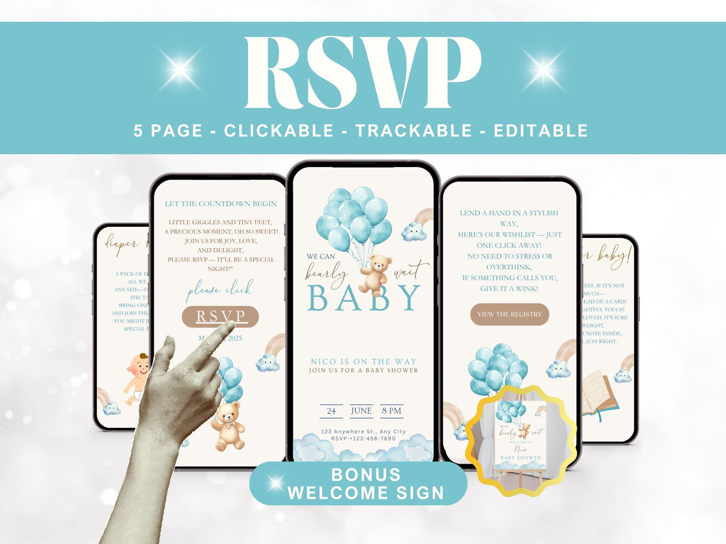 We Can Bearly Wait Blue Teddy Bear Baby Shower Invitation + RSVP Tracker