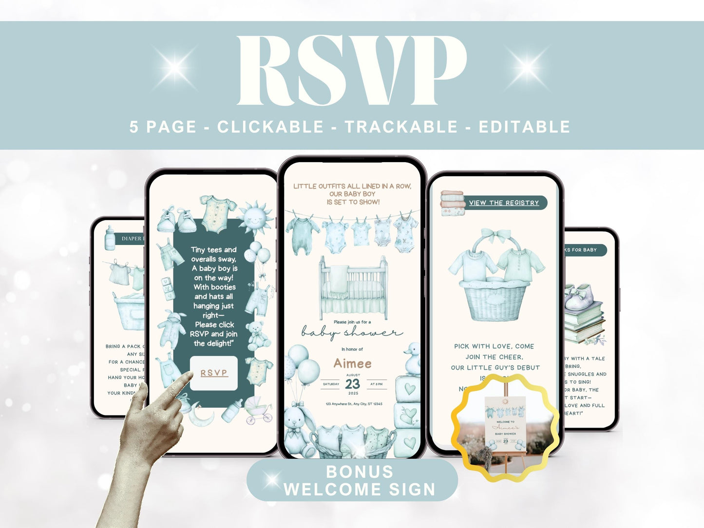 Editable Blue Baby Clothesline Baby Shower Invitation + RSVP Tracker