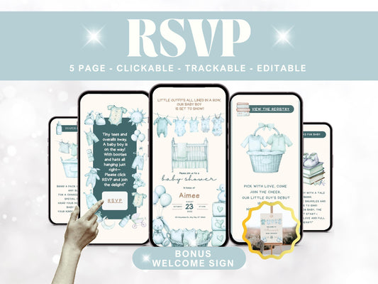Editable Blue Baby Clothesline Baby Shower Invitation + RSVP Tracker