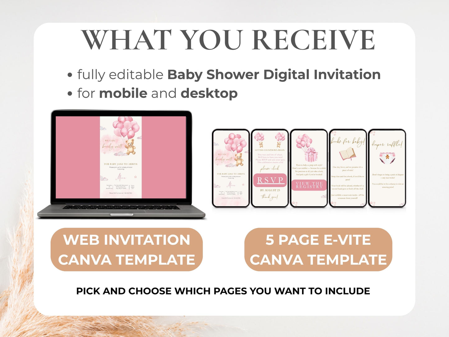 We Can Bearly Wait Pink Teddy Bear Baby Shower Invitation + RSVP Tracker