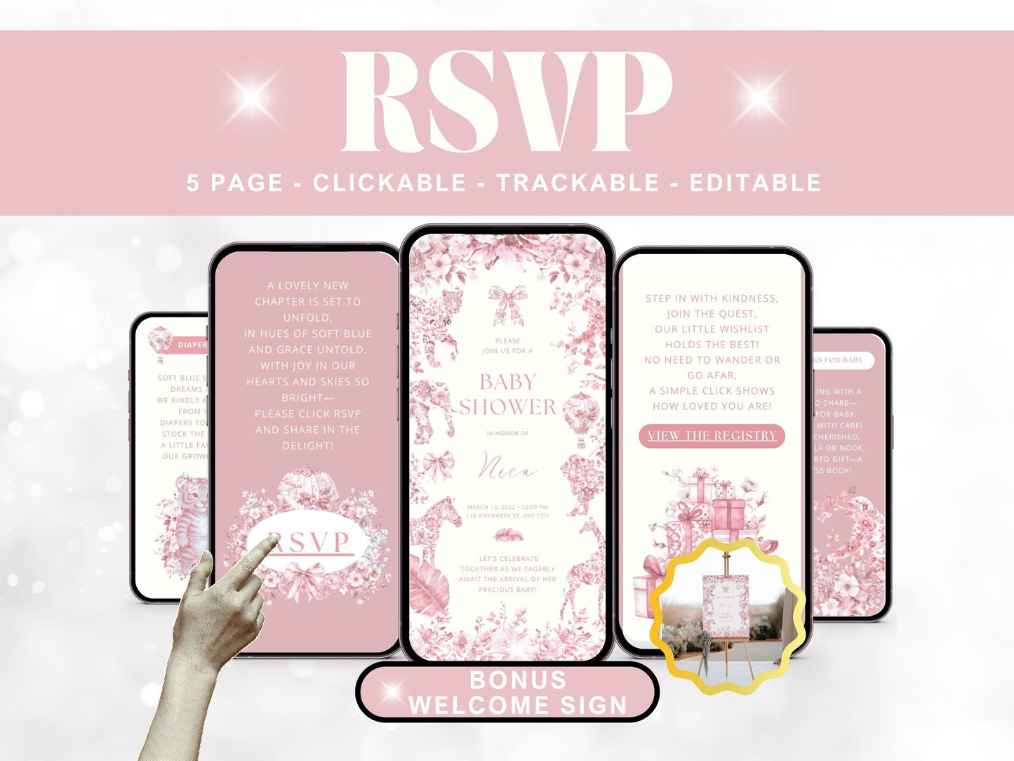 Elegant Pink Toile Safari Baby Shower Digital Invitation + RSVP Tracker