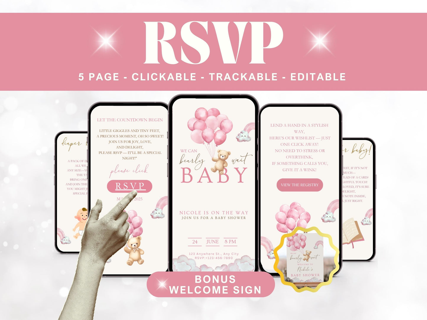 We Can Bearly Wait Pink Teddy Bear Baby Shower Invitation + RSVP Tracker