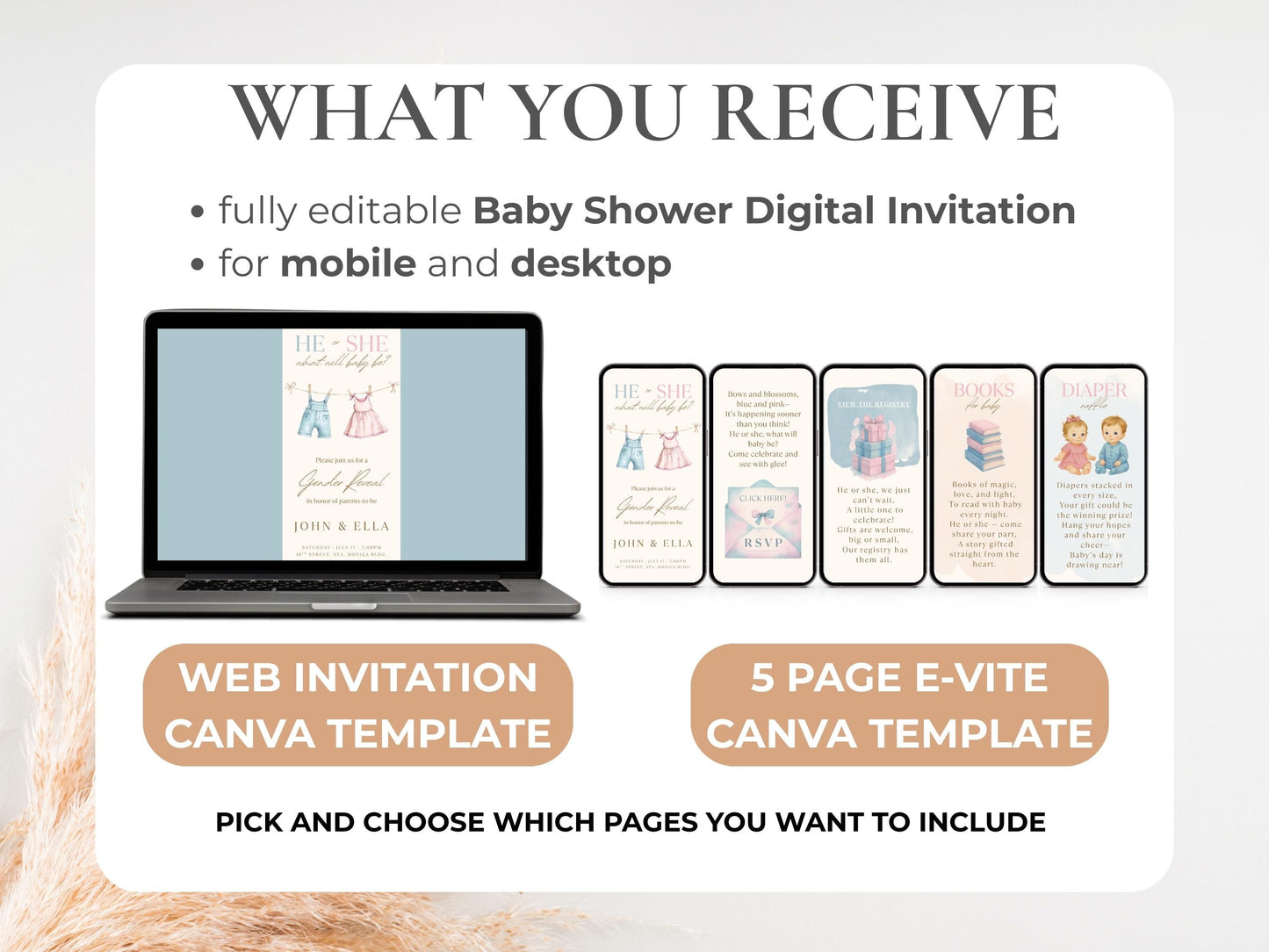 Boho Gender Reveal Digital Invitation + RSVP Tracker