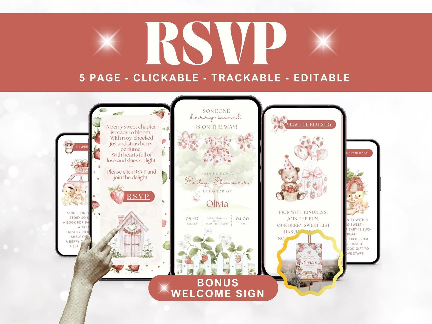 Strawberry Baby Shower Digital Invitation + RSVP Tracker