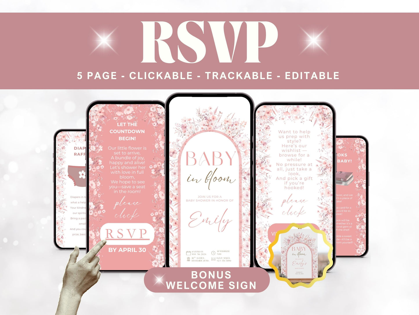 Editable Pink Wildflower Baby Shower Invitation + RSVP Tracker
