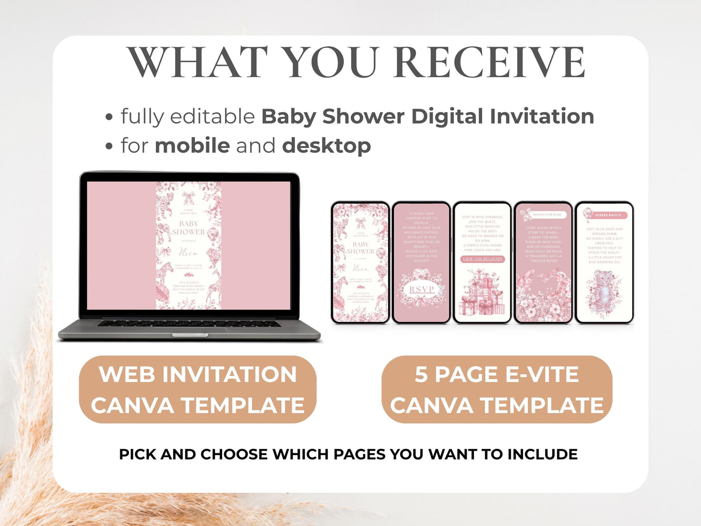 Elegant Pink Toile Safari Baby Shower Digital Invitation + RSVP Tracker