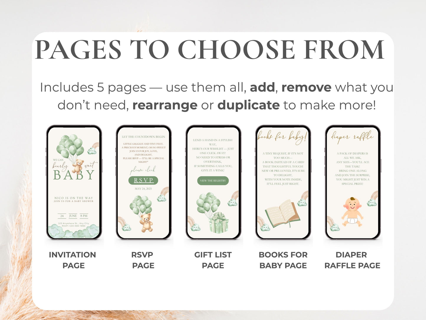Green Boho Bear Baby Shower Invitation + RSVP Tracker
