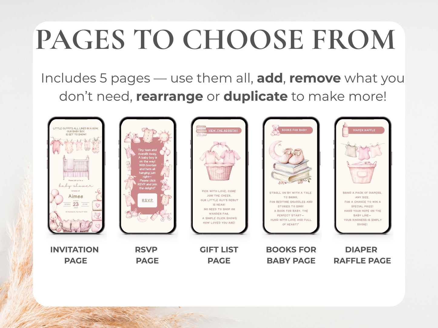 Dusty Pink Clothesline Girl Baby Shower Invite – Editable Digital Invitation Diaper Raffle, Books for Baby & Bonus Baby Shower Welcome Sign