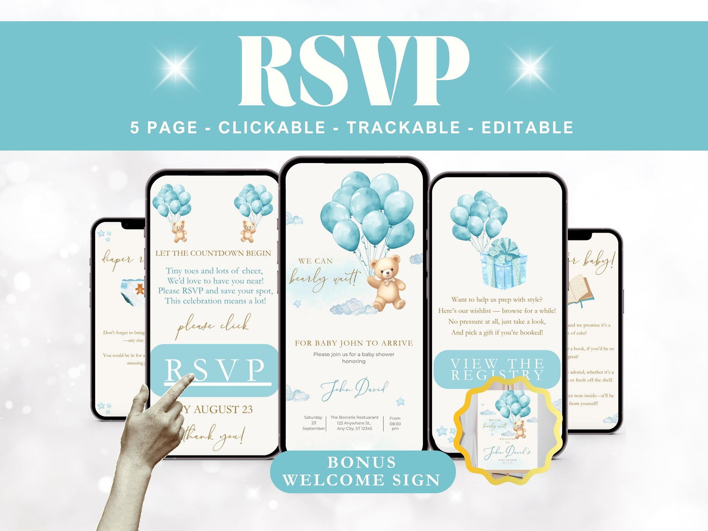 Blue Teddy Bear Baby Shower Invitation + RSVP Tracker
