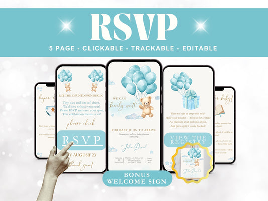 Blue Teddy Bear Baby Shower Invitation + RSVP Tracker