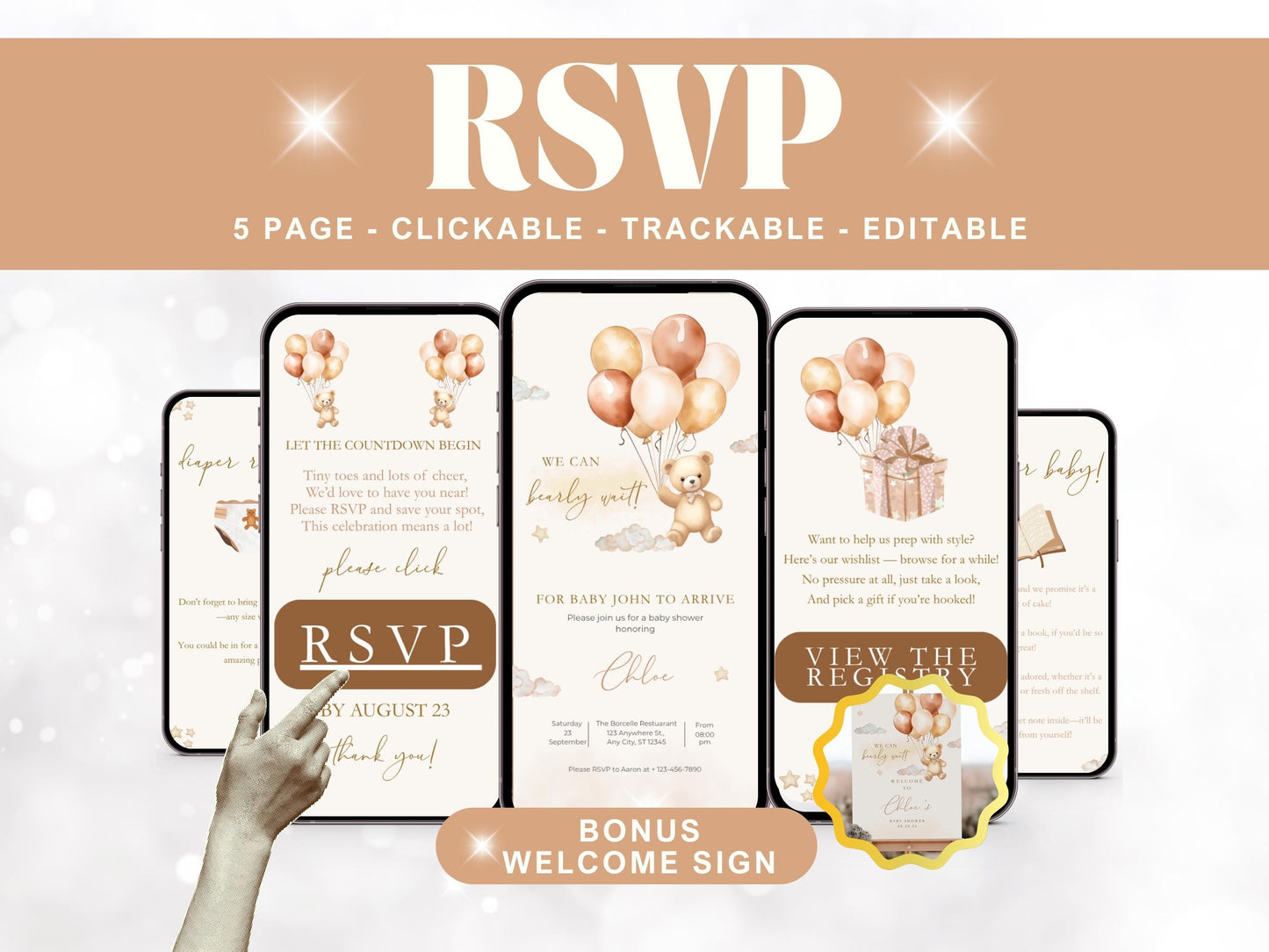 Gender Neutral Baby Shower Invitation – Digital Bear Baby Shower Invite with Online RSVP & Registry