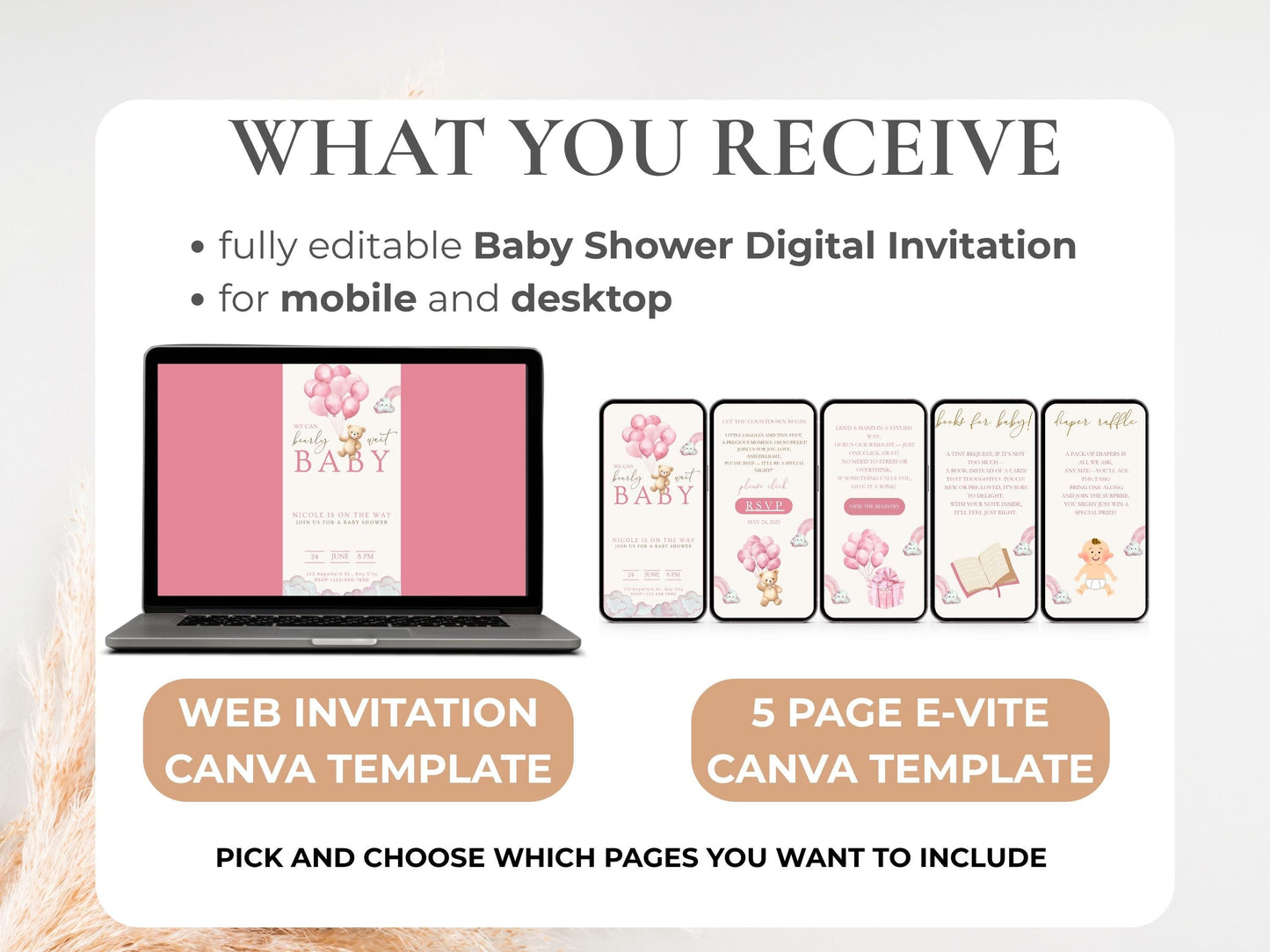 We Can Bearly Wait Pink Teddy Bear Baby Shower Invitation + RSVP Tracker
