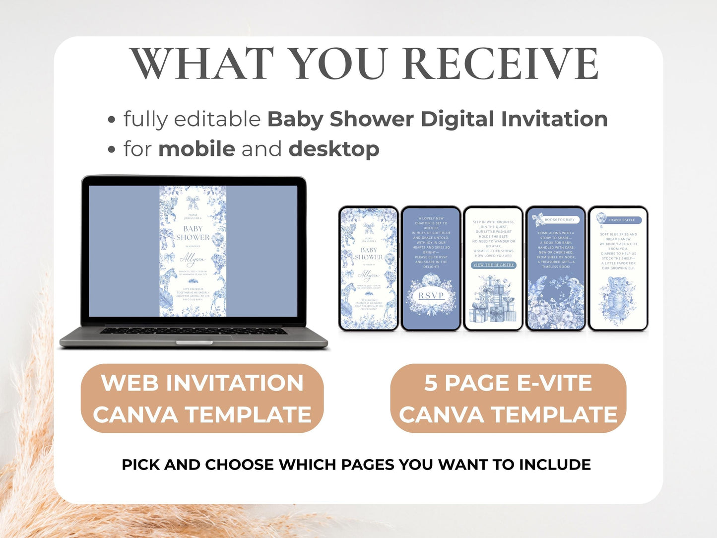 Blue Toile Safari Baby Shower Digital Invitation with RSVP Tracking