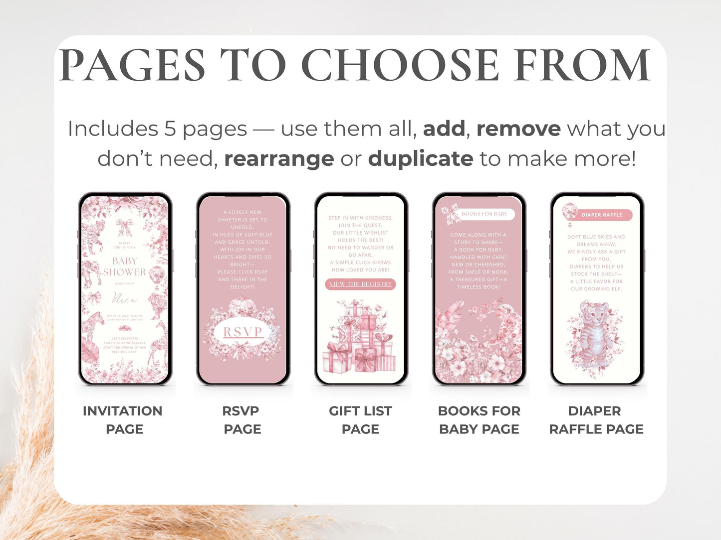 Elegant Pink Toile Safari Baby Shower Digital Invitation + RSVP Tracker