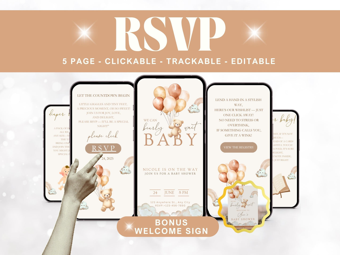 We Can Bearly Wait Gender Neutral Teddy Bear Baby Shower Invitation + RSVP Tracker