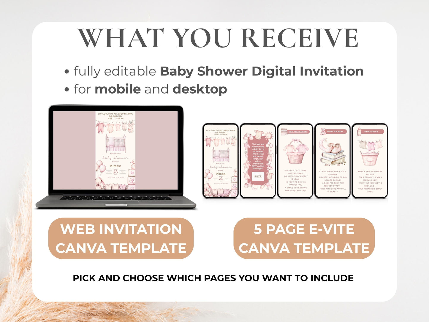 Dusty Pink Clothesline Girl Baby Shower Invite – Editable Digital Invitation Diaper Raffle, Books for Baby & Bonus Baby Shower Welcome Sign