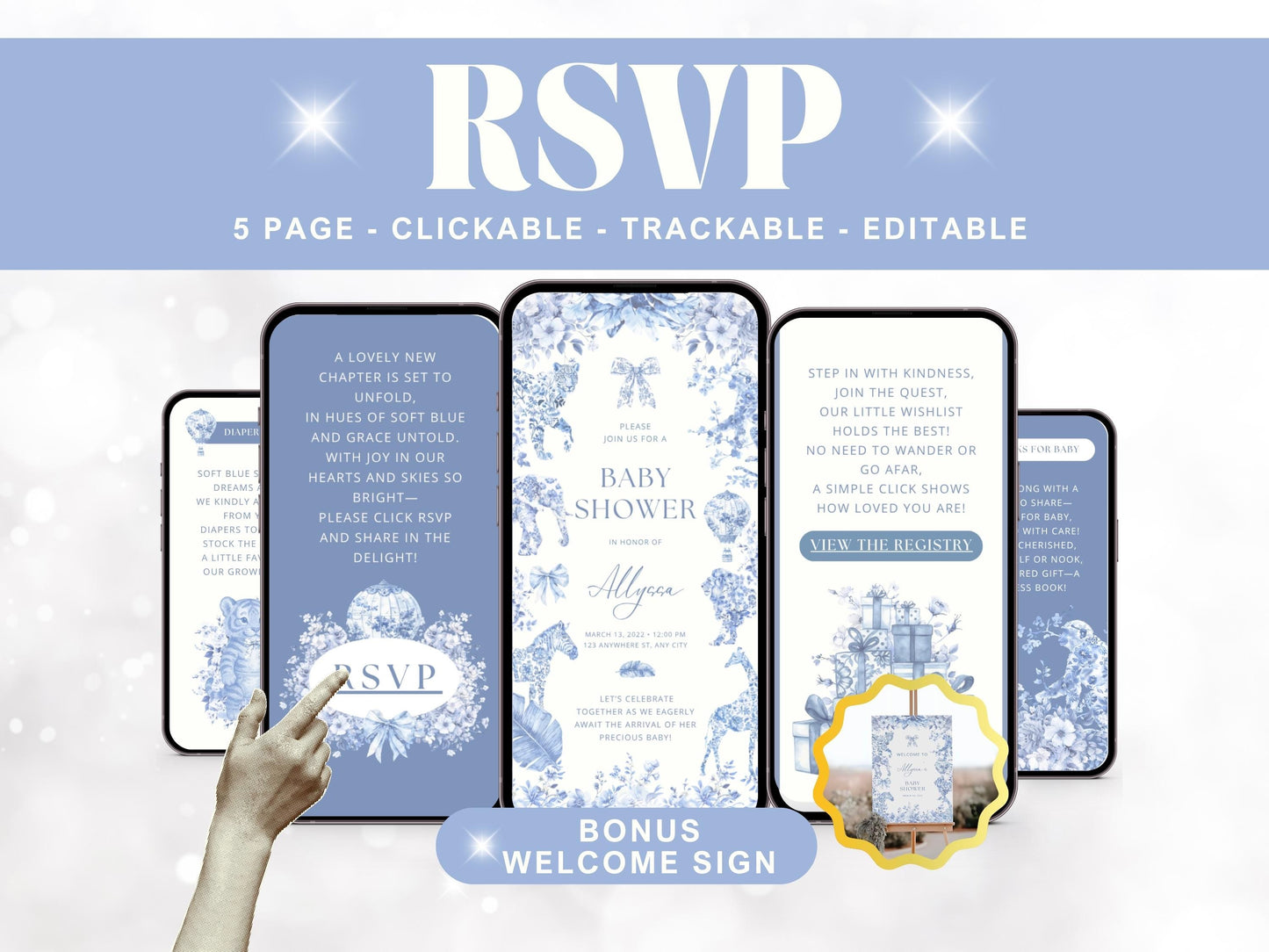 Blue Toile Safari Baby Shower Digital Invitation with RSVP Tracking