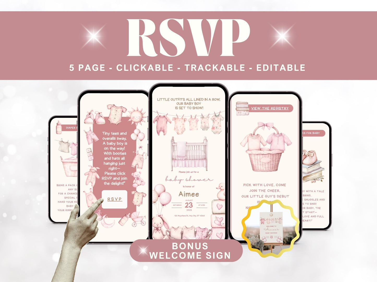 Dusty Pink Clothesline Girl Baby Shower Invite – Editable Digital Invitation Diaper Raffle, Books for Baby & Bonus Baby Shower Welcome Sign