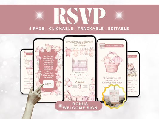 Dusty Pink Clothesline Girl Baby Shower Invite – Editable Digital Invitation Diaper Raffle, Books for Baby & Bonus Baby Shower Welcome Sign