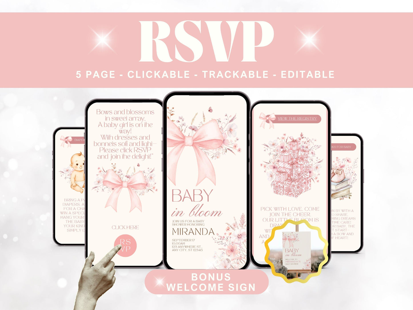 Pink Bow Baby Shower Digital Invitation + RSVP Tracker