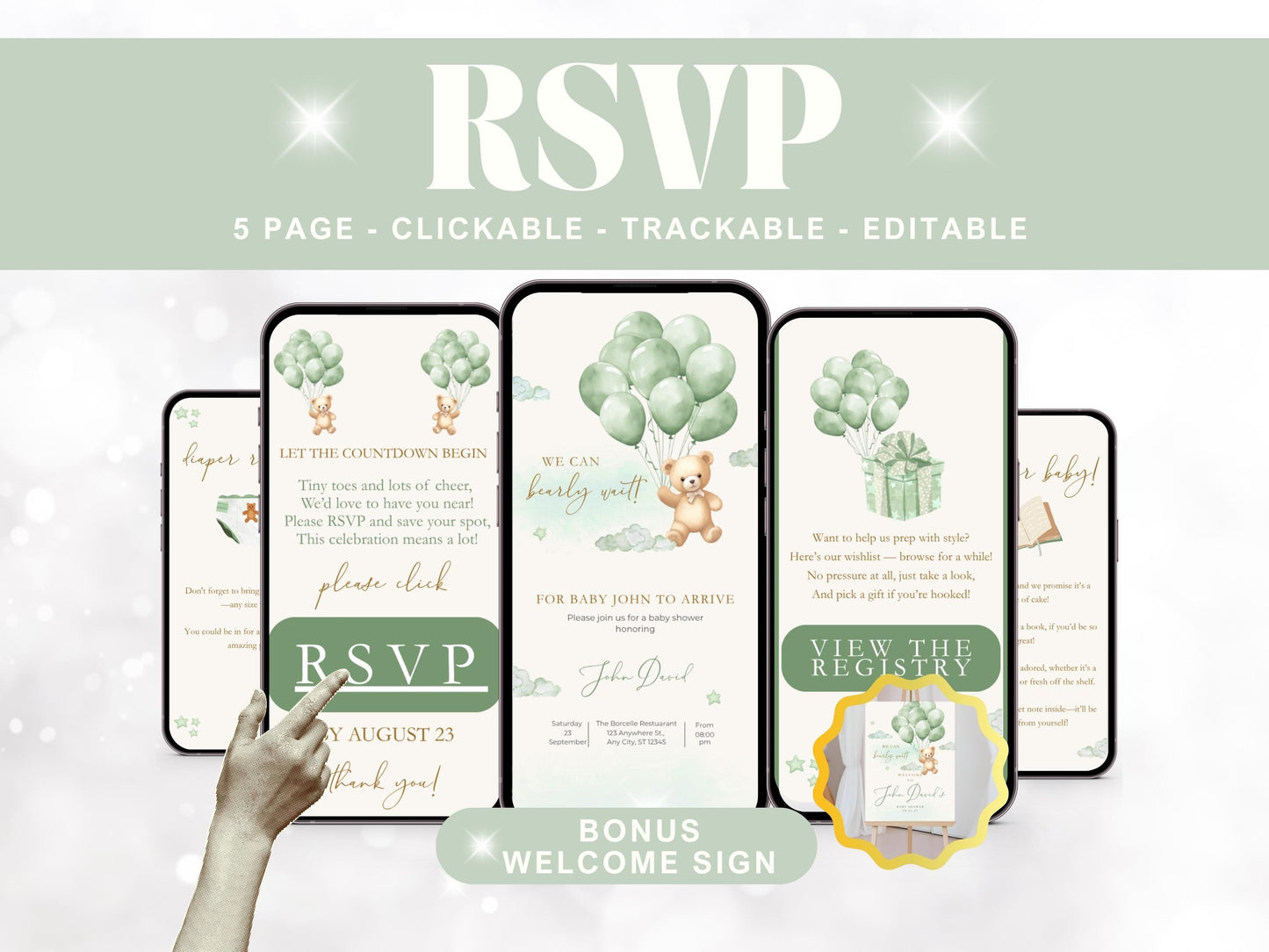 Green Teddy Bear Baby Shower Invitation + RSVP Tracker