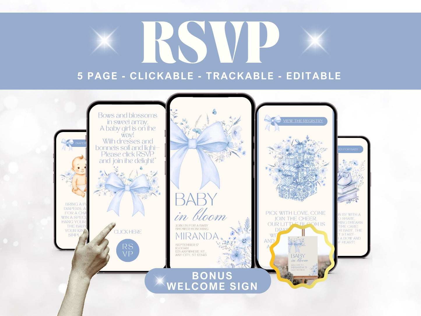 Blue Bow Baby Shower Digital Invitation + RSVP Tracker