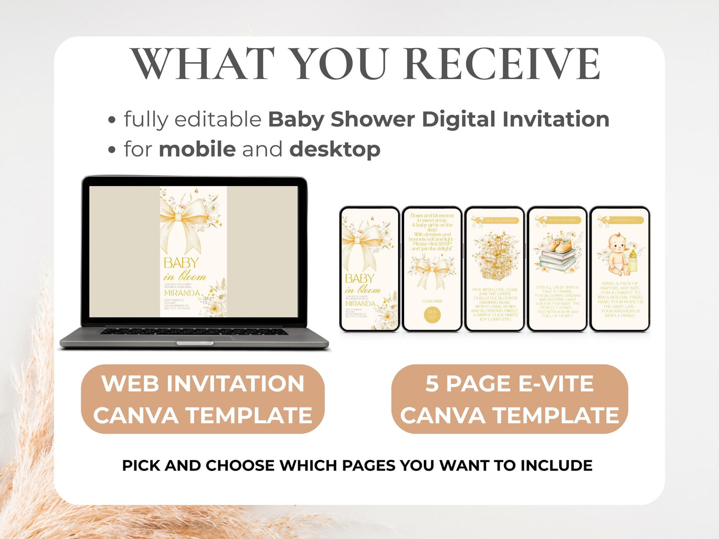 Gold Bow Gender Neutral Baby Shower Digital Invitation + RSVP Tracker